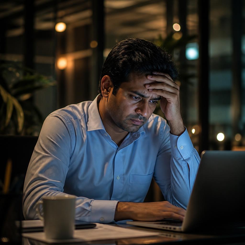 Exhausted professional overwhelmed by stress and overthinking at work